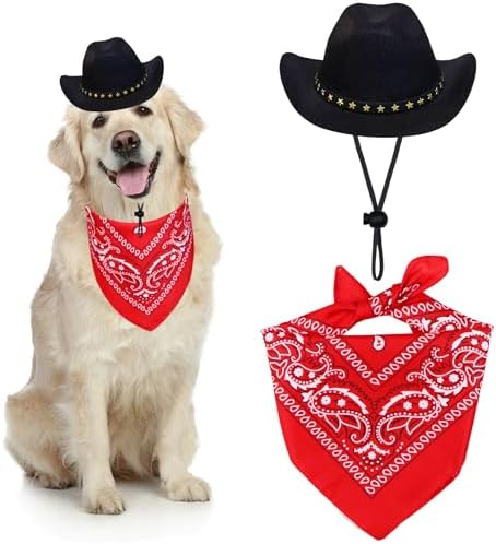 Dog Cowboy Costume, Dog Halloween Costumes Halloween Pet Dogs Cowboy Hat with Bandana Scarf for Small Medium Large Dogs Pets (Black, Large) by Unknown