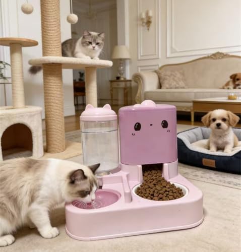 Pet Automatic Feeder Cat Dog Feeding Bowl Food Water Dispenser with Refillable Storage Container Large Capacity Rabbit Feeder Watering Bowls (Pink)