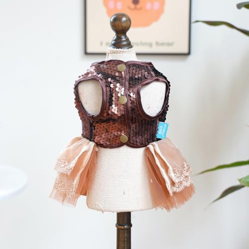 Handmade Floral Dog Dress with Bow, Princess Lace Pet Dress for Small Dogs and Cats, Lightweight Puppy Outfit L-Coco Golden X-Small - Image 3