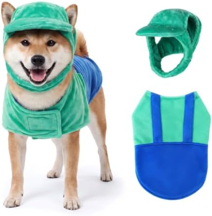 Newcotte Dog Halloween Costume Set Funny Green Overalls Outfit with Hat Retro Buddy Themed Dog Clothes for Cosplay Party(Large) by Newcotte
