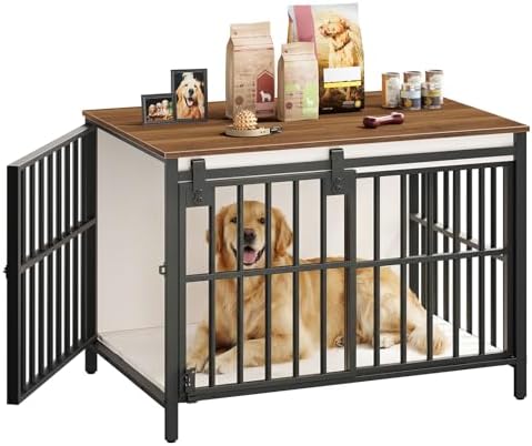HOOBRO Dog Crate Furniture with Sliding Barn Door, Dog Kennel Indoor for Medium/Large Dogs, Heavy Duty Dog Cage with 2 Doors, End Table for Living Room, Bedroom, Rustic Brown and Black BWH163GW03