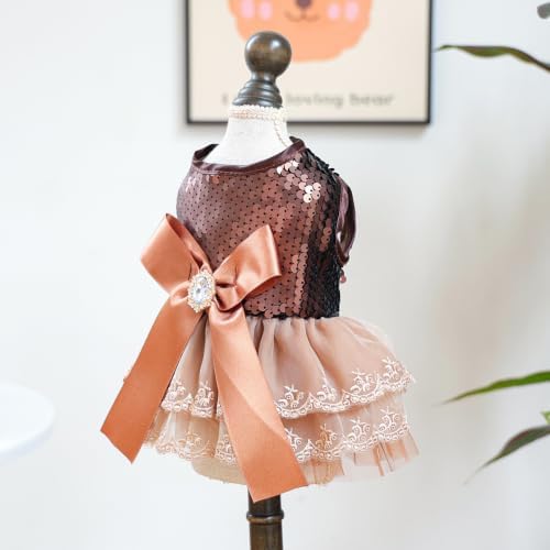 Handmade Floral Dog Dress with Bow, Princess Lace Pet Dress for Small Dogs and Cats, Lightweight Puppy Outfit L-Coco Golden X-Large - Image 2