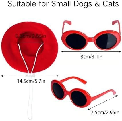 Dog Beret Scarf Glasses Pet French Beanie for Small Dogs Cats(Red, Small) - Image 2