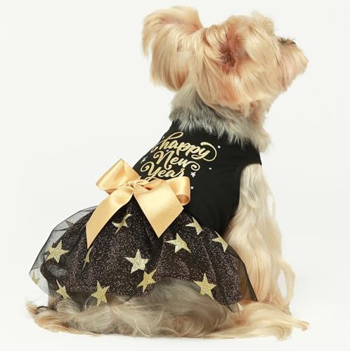 Fitwarm Happy New Year Dog Dress, Sparkly Dog Clothes for Small Dogs Girl, Holiday Pet Tutu Dress, Cat Outfit, Black, Gold, Small - Image 3