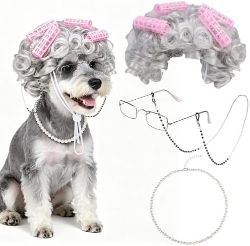 EXPAWLORER 4 Pcs Dog Halloween Old Lady Costume, Funny Pet Grandma Outfit with Adjustable Curler Wig, Pearl Necklace, Glasses and Chain, Ideal for Halloween, Christmas, Cosplay & Pet Birthday Parties by EXPAWLORER