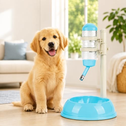 Pet Water Dispenser and Food Bowl, Pet Dog Cat Water Food Feeder Bowl Bottle Standing Dispenser, Height Adjustable Automatic Water Dispenser Feeding Station for Pets Cats Dogs