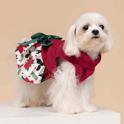 Fitwarm Christmas Poinsettia Flower Dog Turtleneck Dress, Holiday Clothes for Small Dogs Girl, Pet Festive Outfit, Red, White, Small - Image 3
