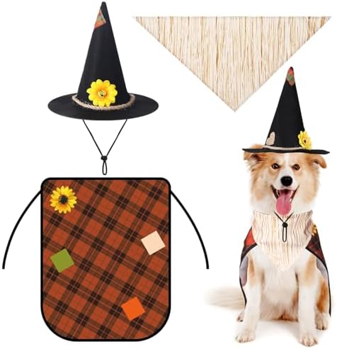 3 Pcs Dog Halloween Costume Set, Scarecrow Hat Bandana Cape by Sunnymove