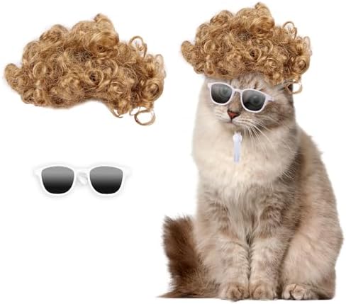 HOWWFALY Cat Apparel Cat Gold Afro Wig with White Small Glasses Styling Cute Funny Pet Hair Accessories Decoration for Halloween, Christmas, Parties by HOWWFALY