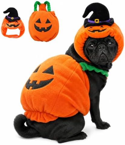 Dog Halloween Costume Pumpkin Outfit for Cats & Small Medium Dogs Plush Pumpkin Back Costume with Witch Hat Headwear Funny Cat Cosplay Apparel for Halloween Party L by CooShou