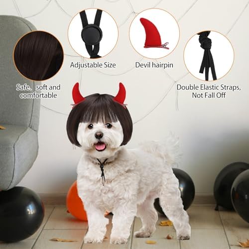 KOOLTAIL Dog Wig Costume,Funny Pet Wig with Devil Accessories Outfit for Small Medium Large Dogs Cats Unique Gift, Adjustable Fits Headwear Cosplay Dress up for Holiday Party Chirstmas Festival Gift - Image 2