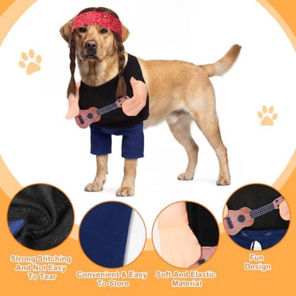 Huhumy Halloween Country Singer Dog Costume Pet Guitar Costume with Felt Funny Guitar Plush Arm Ponytail Wig for Small Medium Dogs Chihuahua Pug Christmas Party Halloween Cosplay Outfit(L) - Image 2