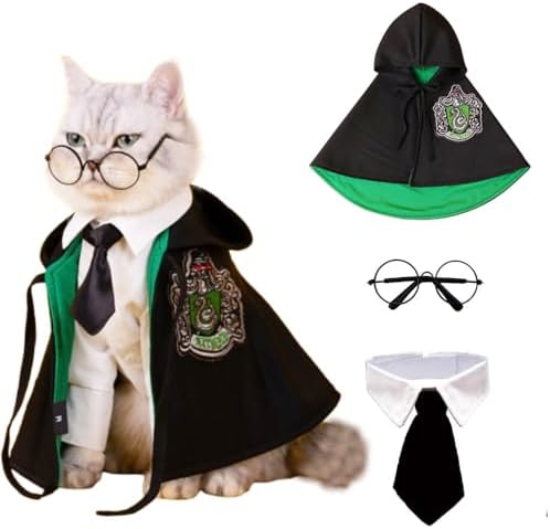 Dog Halloween Magician Costume Set, Cat Wizard Cloak with Hood, Tie & Glasses, Pet Cosplay Outfit for Halloween Party, Puppy Witch Costume for Small Dogs (Green, Small) by Unknown