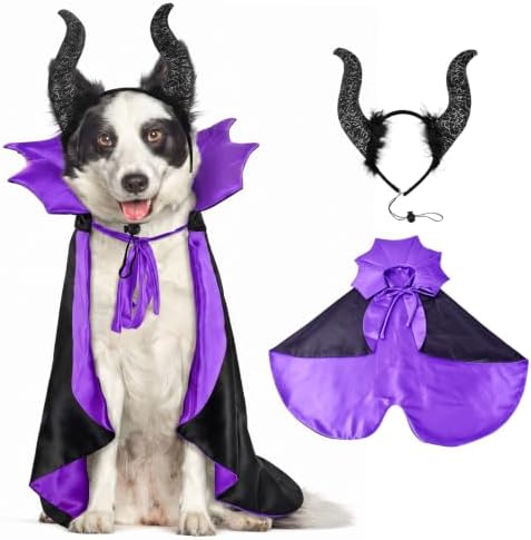 2 Pcs Dog Halloween Costume Set Cat Witch Vampire Cape Devil Horns Hat Holiday Clothes for Cat Puppy Halloween Party Pet Outfits (Purple) XL by CooShou