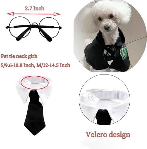 Dog Halloween Magician Costume Set, Cat Wizard Cloak with Hood, Tie & Glasses, Pet Cosplay Outfit for Halloween Party, Puppy Witch Costume for Small Dogs (Green, Small) - Image 6
