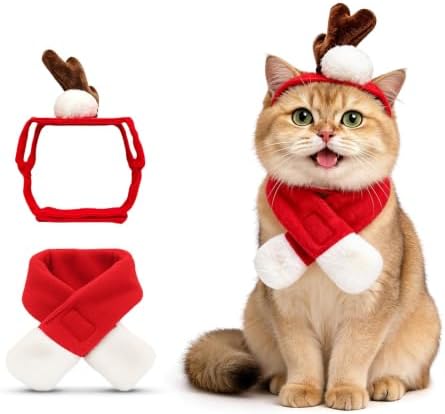 Cat Christmas Costume, Small Dogs Reindeer Antler with Red Santa Scarf, Xmas Single Reindeer Scarves Outfits for Kitten Puppy Rabbit, Adjustable Cat Elk Antler Christmas Decoration, Red by PETLESO