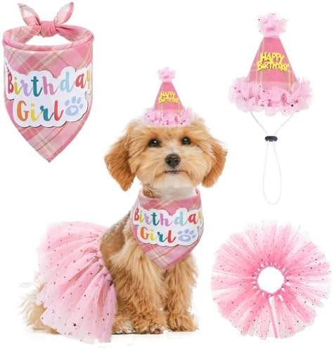 SCENEREAL Dog Birthday Bandana Hat with Dress Girl Set Party Supplies Plaid Puppy Birthday Outfit Cute Dog Tutus for Small Medium Lage Dogs, Pink Plaid by SCENEREAL