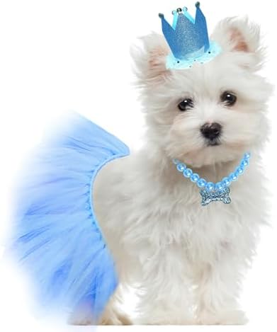 Dog Birthday Party Supplies Dogs Cats Birthday Costume Set Blue Tutu Skirt Dog Cat Birthday Hat Necklace for Puppy Dog Halloween Birthday Wedding Party Costume (Blue) - Image 5