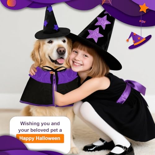 Dog Witch Costume - Dog Halloween Costume Adjustable Wizard Cape with Sewn PumpkinBrooch Witch Hat for Medium to Large Halloween Set for Parties Photo Shoots Daily Cosplay - Image 3