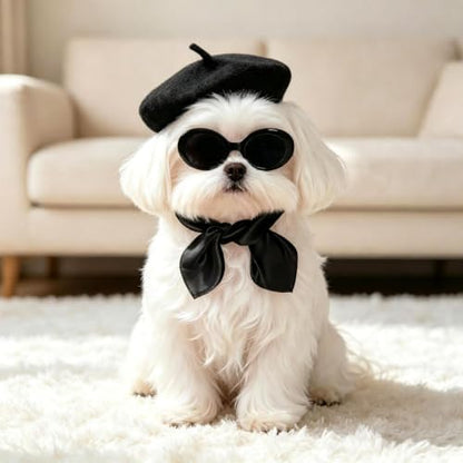 Dog Beret Scarf Glasses Pet French Beanie for Small Dogs Cats(Black, Small) - Image 6