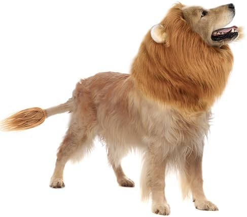 Lion Mane Dog Costume for Medium & Large Dogs - Realistic Lion Wig - Brown - Size M + Tail Set by HOKABLE