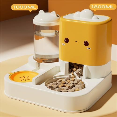 Pet Automatic Feeder Cat Dog Feeding Bowl Food Water Dispenser with Refillable Storage Container Large Capacity Rabbit Feeder Watering Bowls (Yellow)