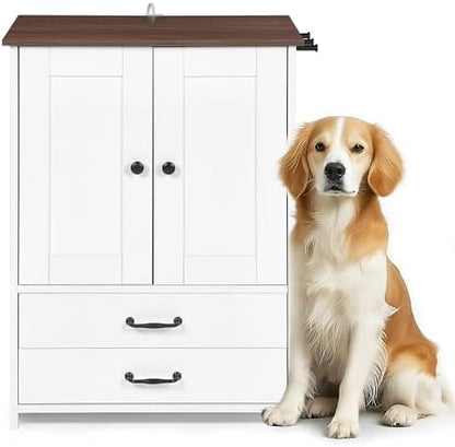 Dog Feeding Station,Double Door Locker with 2 Adjustable Bowls,Pet Food Storage Pet Feeder Cabinet Container with Dog Raised Bowls and Hanger for Feeding & Watering Supplies (White)