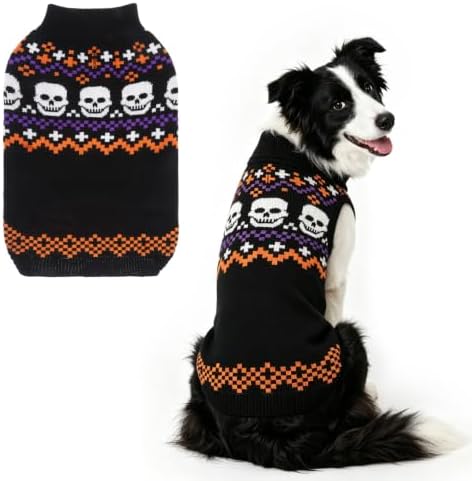 Mihachi Halloween Dog Sweater Turtleneck with Skull Pattern - Warm Knit Pullover for Small Medium Large Dogs with Leash Hole, Cozy Fall Winter Pet Clothes, Black XL by Mihachi
