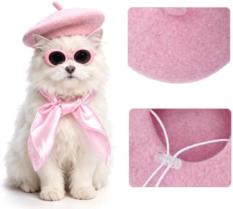 Dog Beret Scarf Glasses Pet French Beanie for Small Dogs Cats(Pink, Small) - Image 4