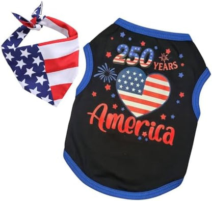 Small Dog America's 250th Anniversary 4th of July Outfit Shirt & Bandanas Pet Cat Clothes Black S by KireiSui