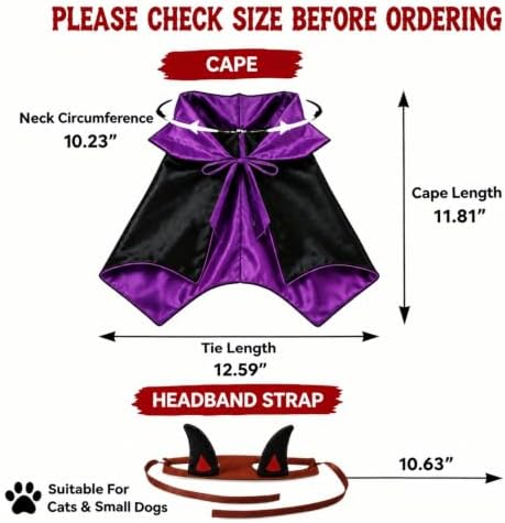 Halloween Pet Devil Costume Set for Dogs & Cats, Vampire Cape with Devil Horn Headband, Adjustable Pet Halloween Costume for Halloween Party, Photo Props (Black & Purple M) - Image 2