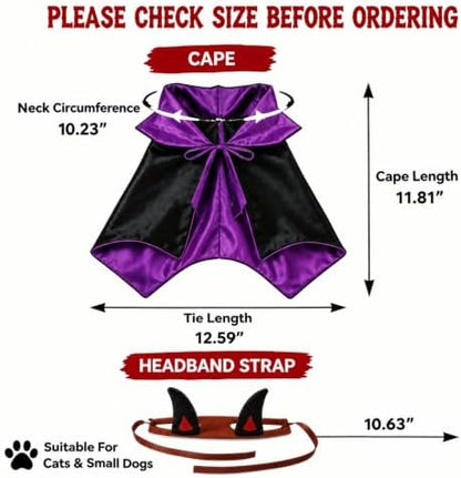 Halloween Pet Devil Costume Set for Dogs & Cats, Vampire Cape with Devil Horn Headband, Adjustable Pet Halloween Costume for Halloween Party, Photo Props (Black & Purple M) - Image 2