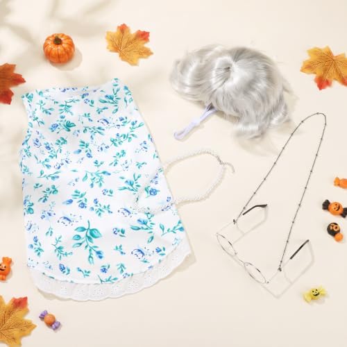 4Pcs Halloween Old Lady Costume Dog Grandma Outfit, Blue Ditsy Floral, 3 XL - Image 5