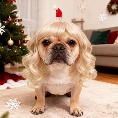 HOWWFALY Dog Costume Long Blonde CurlyWigs with Small Red Christmas Hat StylingCute Funny Pet Costumes AccessoriesDecoration for Halloween, Christmas, Parties - Image 5