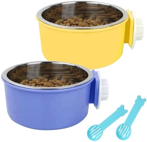 Hamiledyi 2-Pack Hanging Dog Bowls with Removable Stainless Steel Feeder - Spill-Proof Crate Bowls for Kennel/Cage, Puppy to Medium Dogs, Cats, Rabbits & Guinea Pigs (Durable Pet Food & Water Dishes)