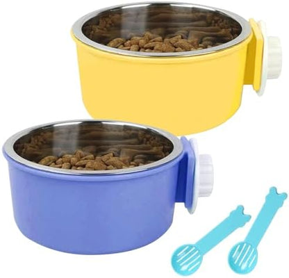 Hamiledyi 2-Pack Hanging Dog Bowls with Removable Stainless Steel Feeder - Spill-Proof Crate Bowls for Kennel/Cage, Puppy to Medium Dogs, Cats, Rabbits & Guinea Pigs (Durable Pet Food & Water Dishes)