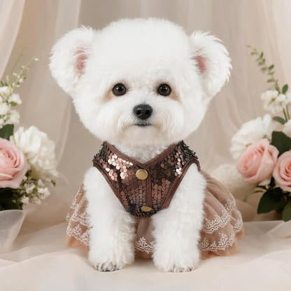 Handmade Floral Dog Dress with Bow, Princess Lace Pet Dress for Small Dogs and Cats, Lightweight Puppy Outfit L-Coco Golden X-Small - Image 5