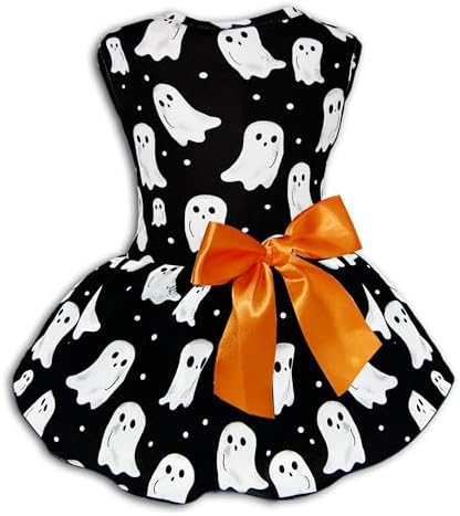 Halloween Dog Dress Ghost Print Pet Costume with Orange Bow Soft Fabric 5 Sizes for Small & Medium Dogs Cute & Comfortable Holiday Outfit by Miiemiu
