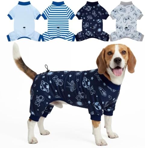 XPUDAC 4 Pack Dog Pajamas, Soft Puppy Clothes with Drawstring Adjustable Stretchy Dogs Onesie for Small Medium Doggie Shed Defender Dog Suit Pet Outfit Boy, XL by XPUDAC