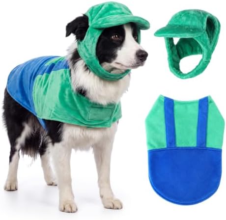 Newcotte Dog Halloween Costume Set Funny Green Overalls Outfit with Hat Retro Buddy Themed Dog Clothes for Cosplay Party(X-Large) by Newcotte