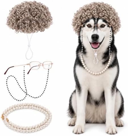 3 Pcs Old Lady Costume for Dog, Mop Cap Pearl Necklace Grandma Glasses by Peesoou