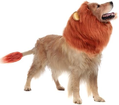 Dog Costume Halloween Dog Costume Lion Mane for Medium and Large Dogs Realistic Lion Wig Dog Costume Supplement Lion Mane for Photoshoot Entertainment (Red-Brown) Size S + Tail Set by HOKABLE