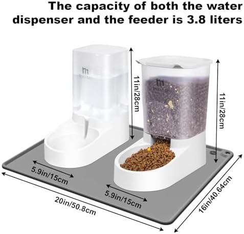 Marchul Dog Feeder and Water Dispenser, Automatic Gravity Dog Food Dispenser, Pet Food Dispenser Set for Small Medium Dogs Puppy Kitten (1 Gallon / 3.8L with Silicone Mat)