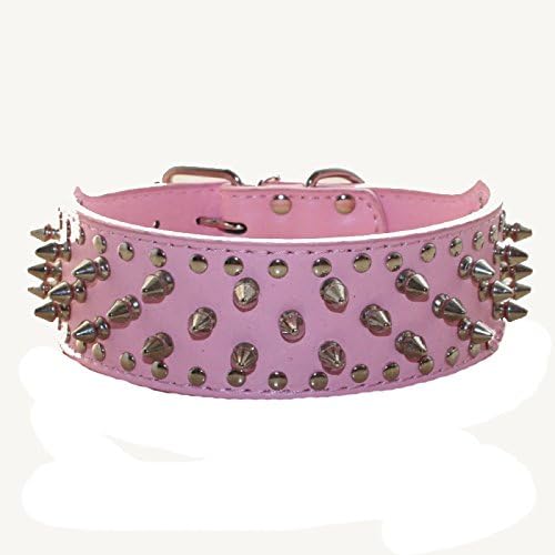 Serijoars Spiked Studded Dog Collar, PU Leather Dog Collar, Adjustable Pet Collars for Medium or Large Breed Pet (M, Pink)