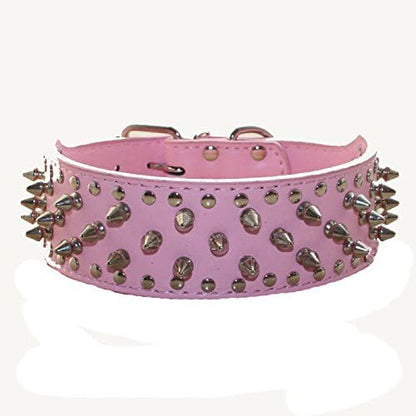 Serijoars Spiked Studded Dog Collar, PU Leather Dog Collar, Adjustable Pet Collars for Medium or Large Breed Pet (XL, Pink)