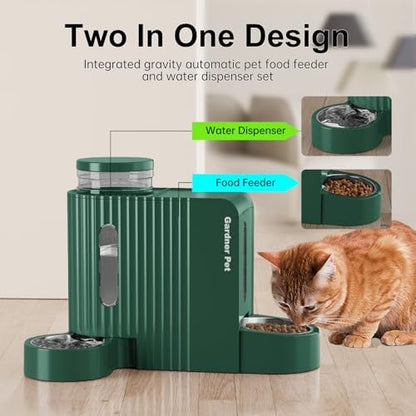 Gravity Automatic Cat Feeder, Water & Food Dispenser Set, Stainless Bowls