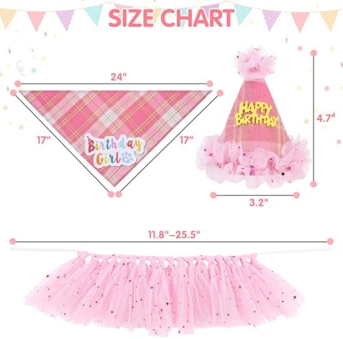 SCENEREAL Dog Birthday Bandana Hat with Dress Girl Set Party Supplies Plaid Puppy Birthday Outfit Cute Dog Tutus for Small Medium Lage Dogs, Pink Plaid - Image 2