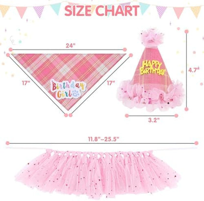 SCENEREAL Dog Birthday Bandana Hat with Dress Girl Set Party Supplies Plaid Puppy Birthday Outfit Cute Dog Tutus for Small Medium Lage Dogs, Pink Plaid - Image 2