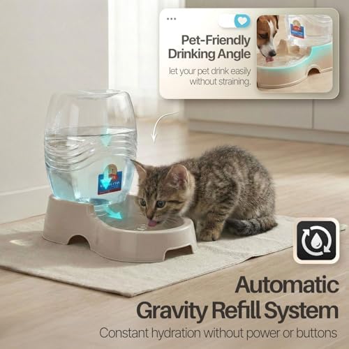 Flexzion Gravity Pet Water Dispenser for Cats & Small Dogs, 1/4 Gal, Beige