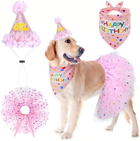 SCENEREAL Dog Birthday Bandana with Hat and Dress Girl Set, Large Dog Birthday Party Supplies, Cute Pink Tutu Skirt Outfit for Medium Large Dogs by SCENEREAL